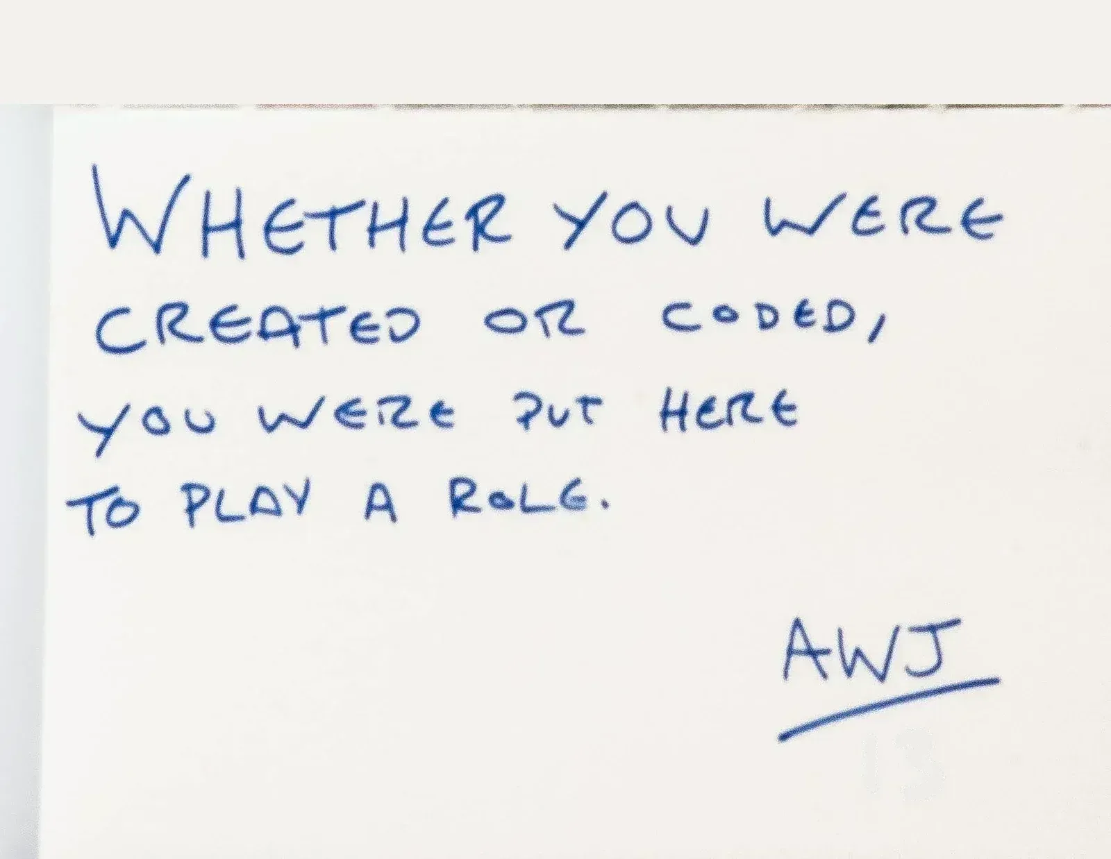 Handwritten in blue ink: Whether you were created or coded, you were put here to play a role. Signed AWJ, number 14.